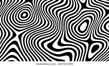 Black and white abstract wavy lines pattern creating a mesmerizing optical illusion effect. Groovy psychedelic vector background.