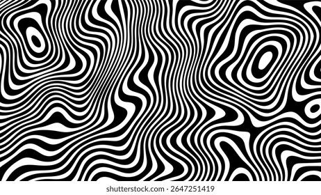 Black and white abstract wavy lines pattern with flowing liquid-like texture. Minimalist psychedelic optical art background for design.