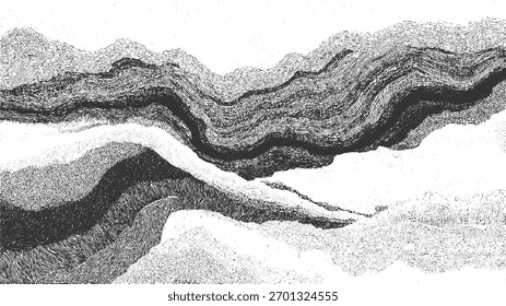 Líneas onduladas abstractas en blanco y negro y texturas forman Formas paisajísticas en capas con diferentes densidades.