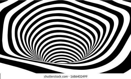 Black and white abstract wormhole. Optical illusion. Twisted vector illustration. 3D tunnel.