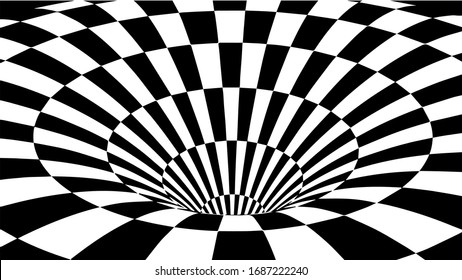 Black and white abstract wormhole. Optical illusion. Twisted vector illustration. 3D tunnel.
