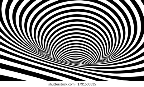 Black and white abstract wormhole. Optical illusion. Twisted vector illustration. 3D tunnel.