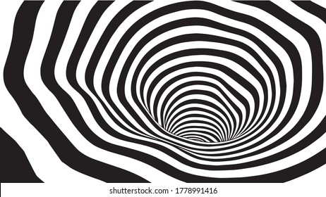 Black and white abstract wormhole. Optical illusion. Twisted vector illustration. 3D tunnel.