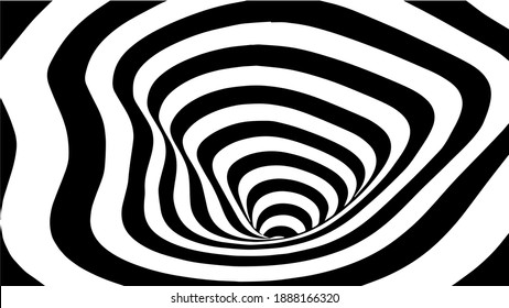 Black and white abstract wormhole. Optical illusion. Twisted vector illustration. 3D tunnel.