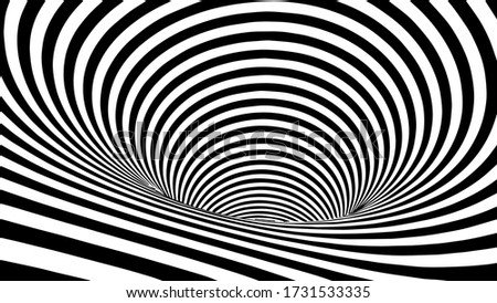 Black and white abstract wormhole. Optical illusion. Twisted vector illustration. 3D tunnel.
