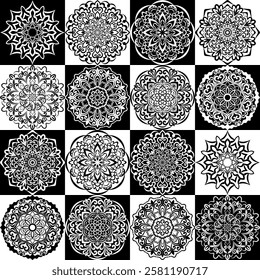 Black and white, abstraction, geometric mandala. Seamless floral pattern-629.