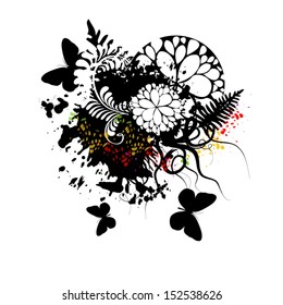 It is black white abstraction with spots of color and butterflies