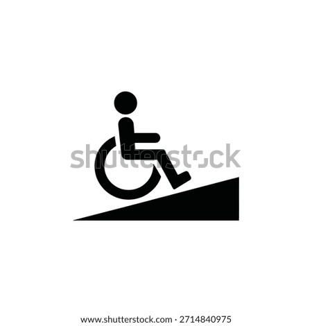 A black and white accessibility icon showing a wheelchair user on a ramp.