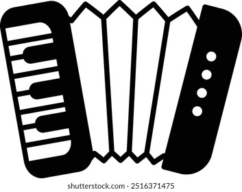 A black and white accordion with a keyboard on the left side