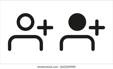 black and white add user icons in outline and solid style, useful for contact and social apps	
