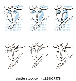 Black and white and with the addition of blue color, the image of stylized antique female faces with the hand-written "elegy"