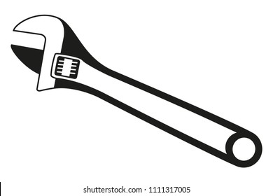 Black and white adjustable wrench silhouette. Handyman tools for home repair. Maintenance themed vector illustration for icon, logo, sticker, patch, label, badge, certificate or flayer decoration