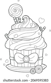 Black and white adult coloring page of decorative wedding cupcake with a bow and lollipop