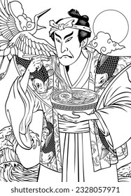 Black And White Adult Coloring Page of A Man Eating Delicious Ramen in Ukiyo E Style