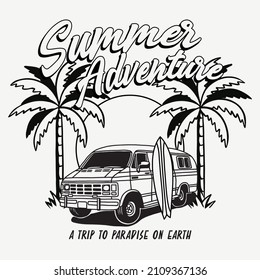 Black and White Adventure Mobile with Palms and Surf Board Summer Illustration Artwork on White Background for Apparel and Other Uses