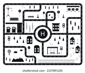 Black and white adventure roadmap. Baby play mat. Hand drawn city map with a bus stop, gas station, road signs and traffic lights. Design kids game. Wall art nursery. Children Road maze