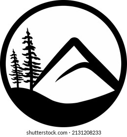 black and white adventure silhouette logo with mountain and 2 pine trees in circle