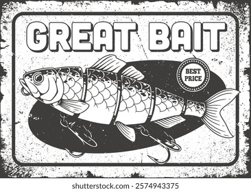 A black and white advertisement shows a fish with fishing lures attached. The design emphasizes affordability and quality. The artwork presents a vintage style appealing to anglers.