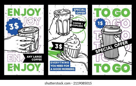 Black   white advertising social media stories white background for print   social networks  Vector illustration  hands holding takeaway coffee cup  Promotion for coffee shop   restaurant