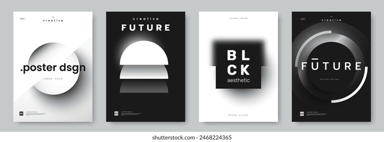 Black and white aesthetic poster collection. Poster design with minimalistic geometric shapes and dark shadow and light effect. Creative simplicity banners set. Vector illustration