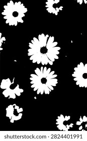 Black and white African daisy flowers pattern, monochrome vector illustration of osteospermum blossoms and leaves.