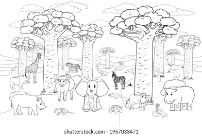 Black white African Madagascar baobab avenue with animals. Vector outline Doodle cartoon hand drawn landscape with Tiger, lion rhinoceros elephant giraffe crocodile, chameleon, zebra for coloring book