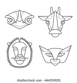 Black and white african masks animals. Ostrich, giraffe, lion, sand-dune cat.