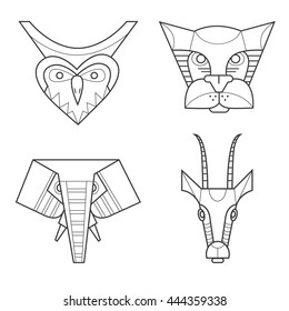 Black and white african masks animals. Owl, leopard, elephant, gazelle.