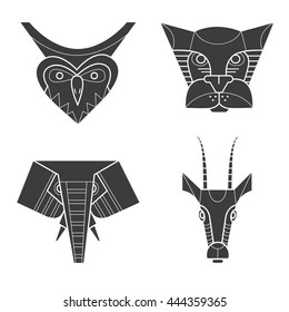 Black and white african masks animals. Owl, leopard, elephant, gazelle.