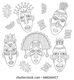 Black and white african vector doodle drawn man male adult masks vector set