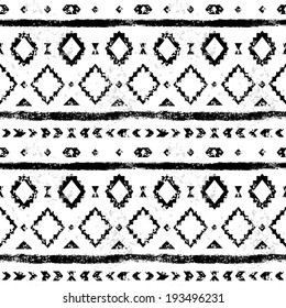 Black and white aged geometric aztec grunge seamless pattern, vector