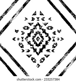 Black and white aged geometric aztec grunge ornament, vector
