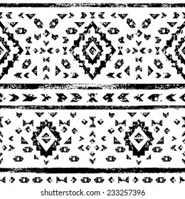 Black and white aged geometric aztec grunge seamless pattern, vector