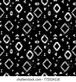 Black and white aged geometric aztec ethnic grunge seamless pattern, vector