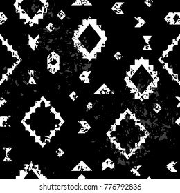 Black and white aged geometric aztec ethnic grunge seamless pattern, vector