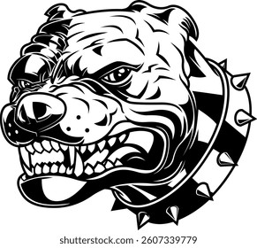 Black And White Aggressive Bulldog Head With Spiked Collar - Vector Hand Drawn Illustration Isolated On Transparent Background