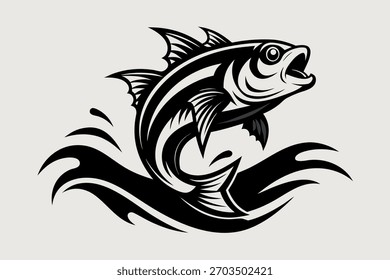 Peces agresivos en blanco y negro saltando fuera del agua Pesca Logo Mascota Elemento de diseño