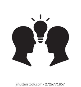 Icono de intercambio de ideas de IA en blanco y negro Dos cabezas de silueta con Vector de bombilla para innovación y colaboración