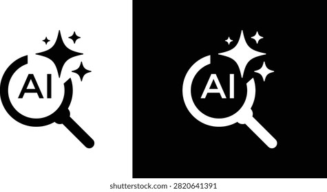 Black and White AI Search Icon. Artificial Intelligence icon with Magnifying Glass and Sparkle Symbols. Light and Dark Mode Generative AI Assistant