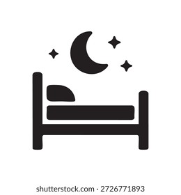 Black and white AI sleep mode vector icon bed with crescent moon and stars for app UI and web design