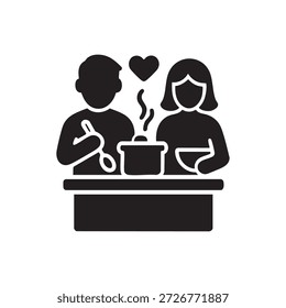 Icono blanco y negro del Vector de la IA de la pareja que cocina junto con la olla humeante y el corazón