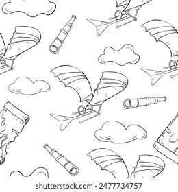 Black white aircraft contour on vector seamless pattern isolated. Endless background with monochrome airplane da Vinci silhouette hand drawn ink. Vintage air transport outline with journey items
