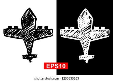 Black and White Airplane Aircraft Travel Transportation Flight Aviation Hand Drawn / Sketch for Graphic Design, Shirt, Background, Logo, Icon and Template. Vector Illustration EPS10