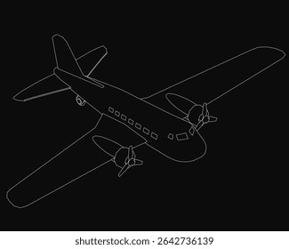 Desenho de avião preto e branco com contorno branco nítido destaca-se contra um fundo escuro. O design minimalista destaca a silhueta elegante do avião, criando um contraste impressionante.