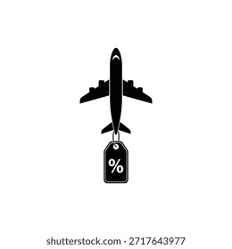 Black and white airplane icon with dangling price tag for travel sale