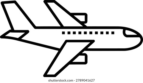 Black and white airplane icon with fuselage, wings, tail fin, and engines, minimalistic design symbolizing aviation, air travel, transportation, and flight