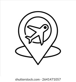 Black and White Airplane Icon Inside Location Marker Graphic Design Element Simple Line Art Travel Navigation Symbol