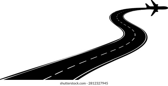Black and white of an airplane taking off from a winding road aircraft highway travel