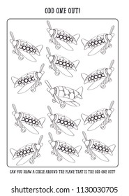 Black and White Airplane Vector Illustration of Find One of a Kind Educational Activity Game for Children Coloring Page, Odd one out.