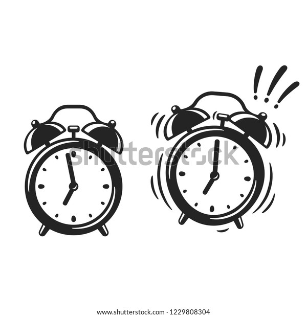 白黒の目覚まし時計 立ち鳴り レトロなスタイルのカートーンの時計イラスト シンプルなベクター画像クリップアート のベクター画像素材 ロイヤリティフリー